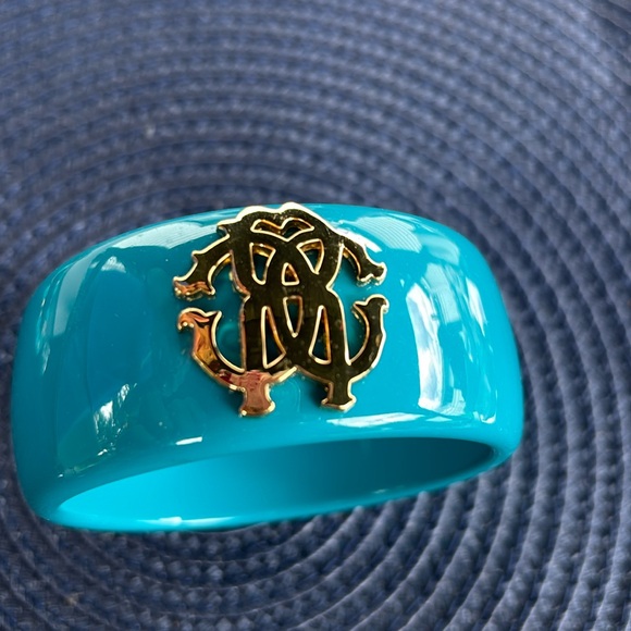 Rare Luxe Authentic ROBERTO CAVALLI Teal Blue Gold Logo Wide Bangle Bracelet - Picture 2 of 6